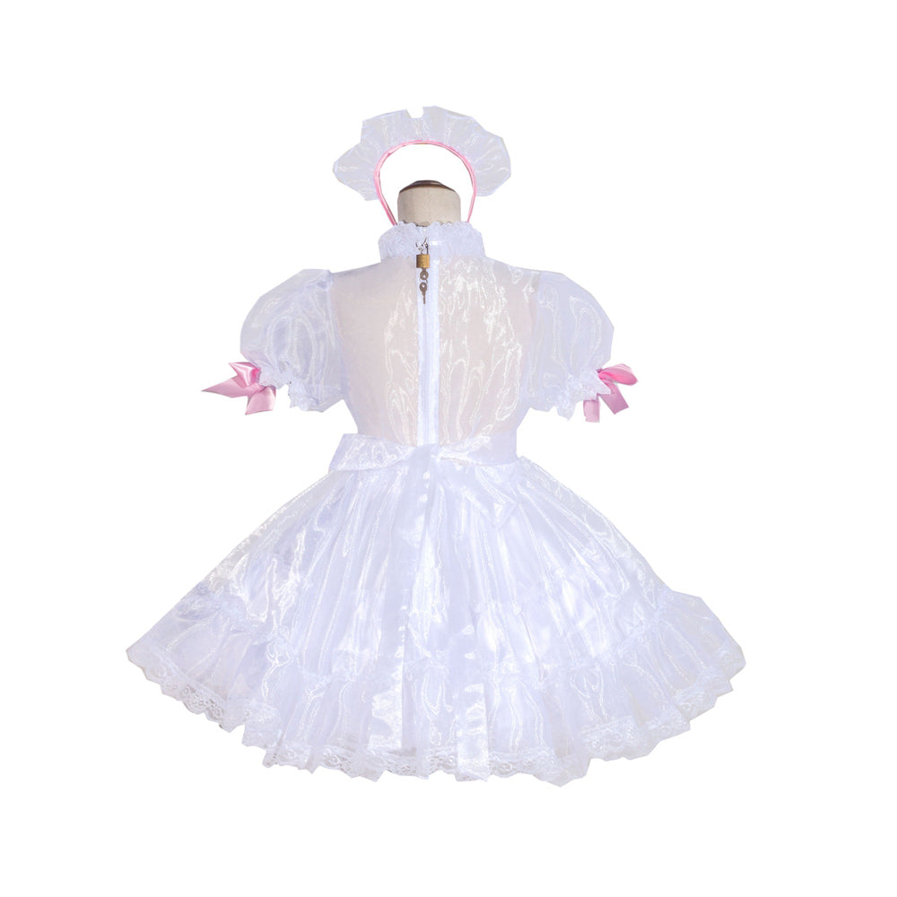White sissy maid dress with pink bows, lace trim, and back zipper, shown on mannequin with matching headpiece.