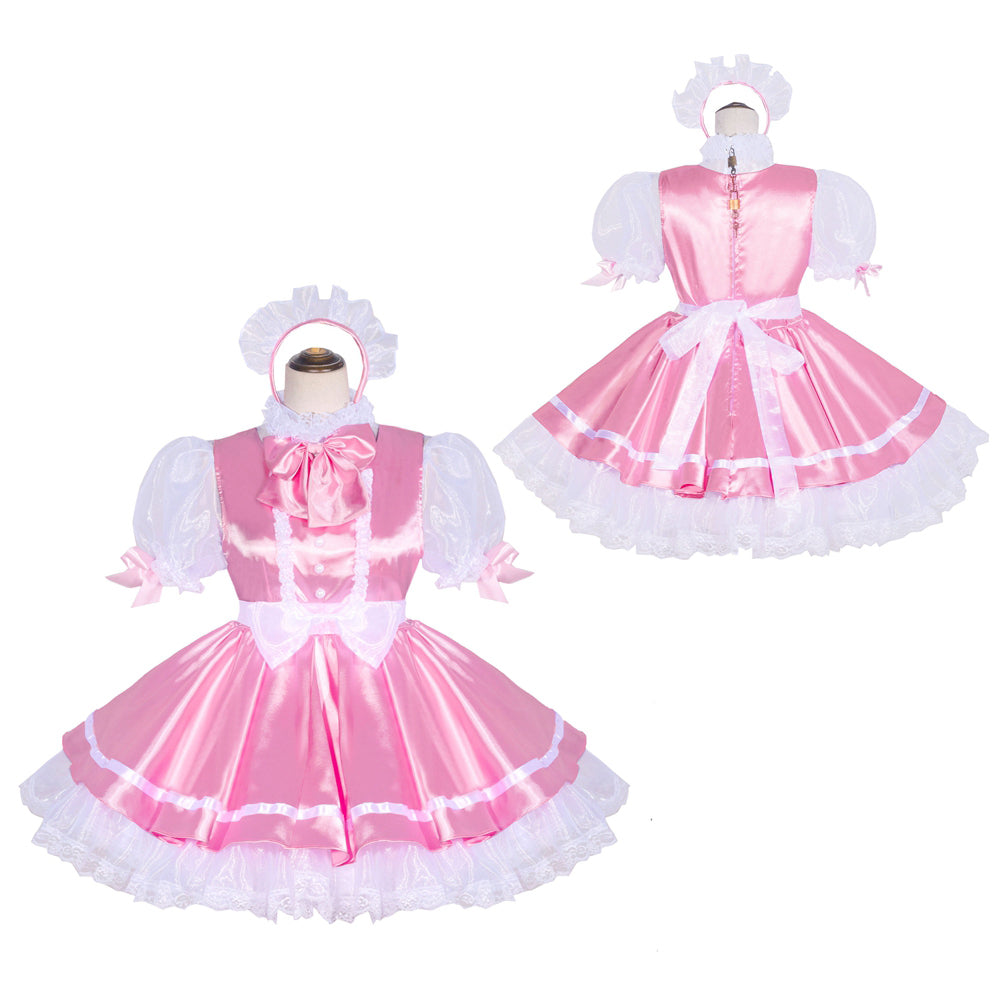 Pink sissy maid dress with white lace, puffy sleeves, and bow detail on mannequin
