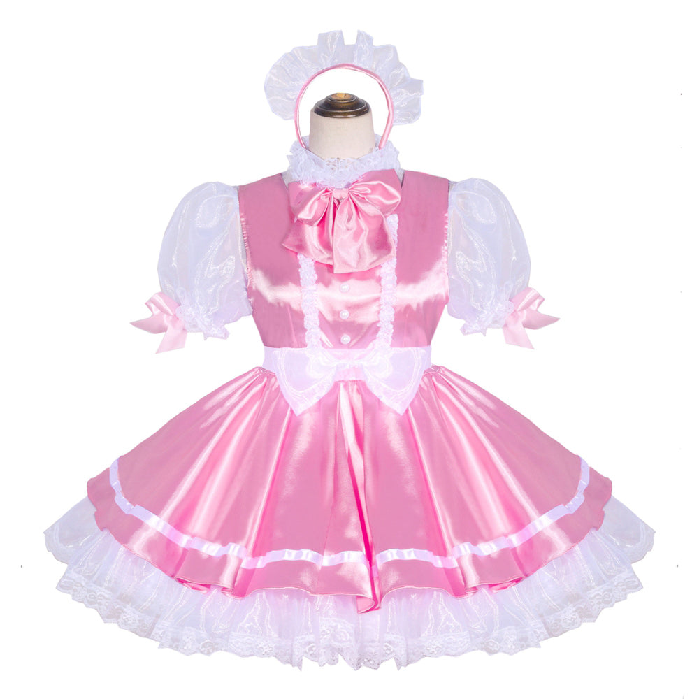 Pink sissy maid dress with white lace, puffy sleeves, and matching headpiece on mannequin