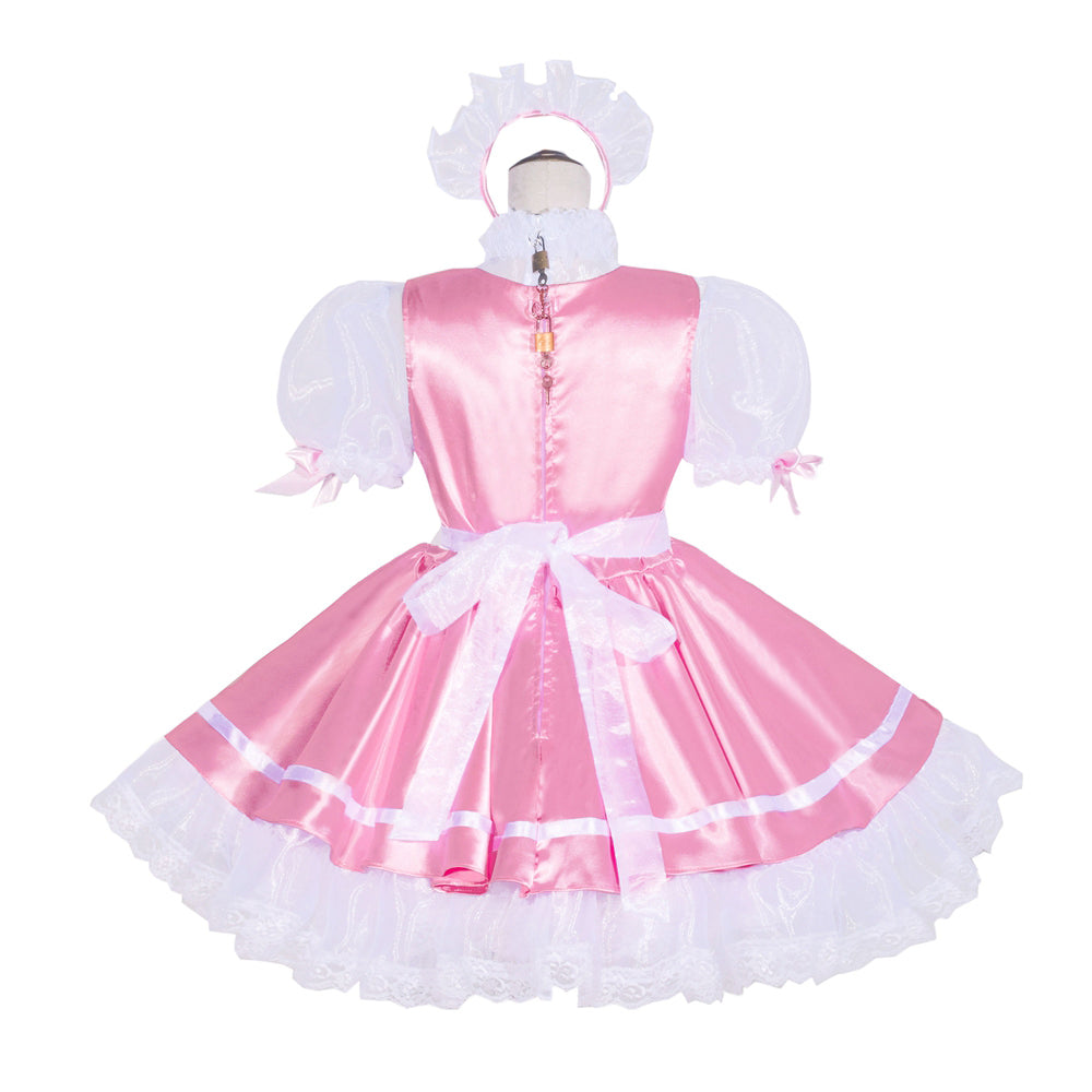 Pink sissy maid dress with white lace trim, puffy sleeves, and back lock detail