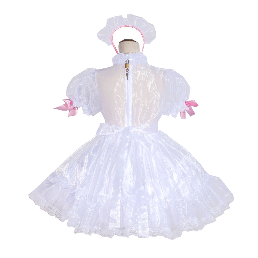 White sissy maid dress with pink bows, lace trim, and back zipper, displayed on mannequin with matching headpiece.