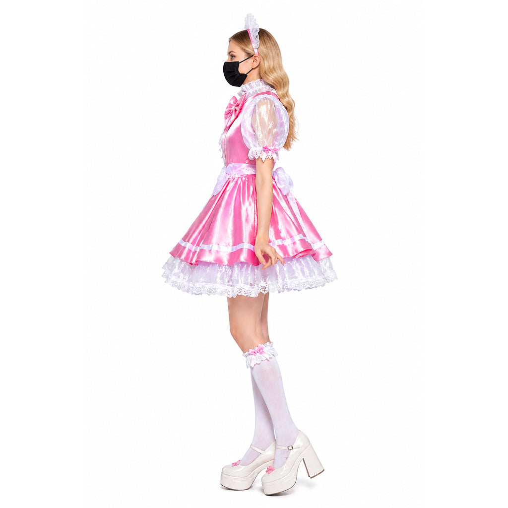 Pink sissy maid dress with white lace, puffy sleeves, and platform heels