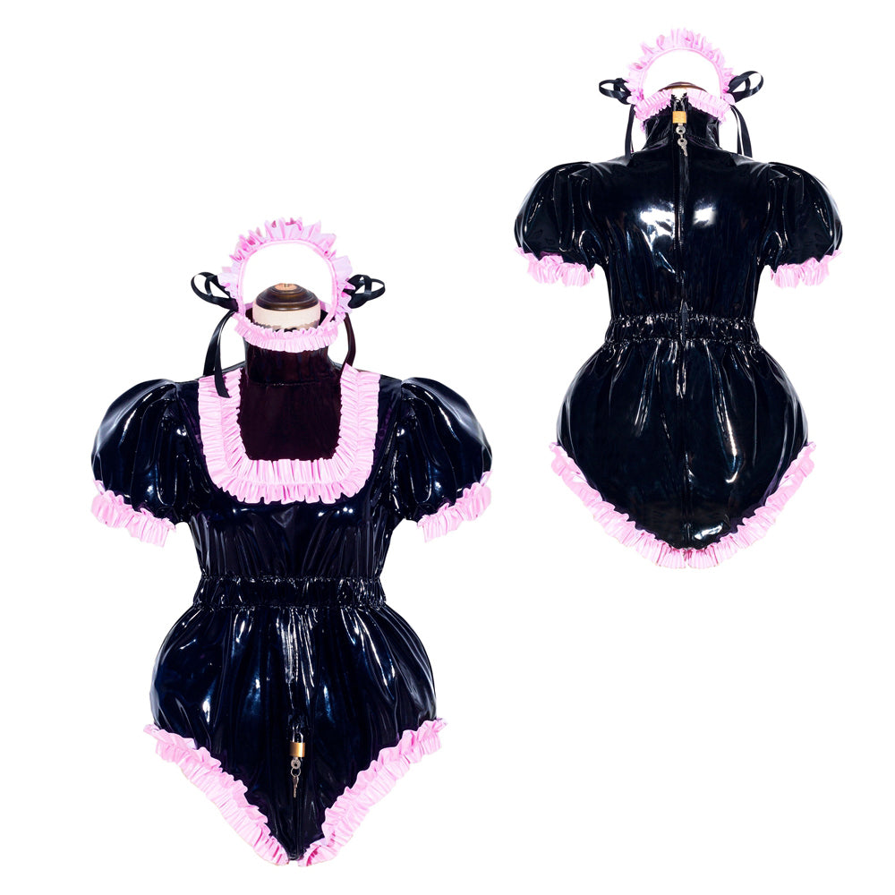 Combinaison courte noire en PVC épais G4049