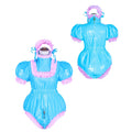 Blue PVC sissy maid dress with pink ruffles, front and back view, lockable design