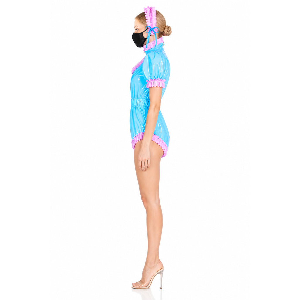 Blue PVC sissy maid dress with pink ruffles, matching headband, and high heels