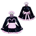 Black PVC sissy maid dress with pink ruffles, apron, and bow, shown front and back