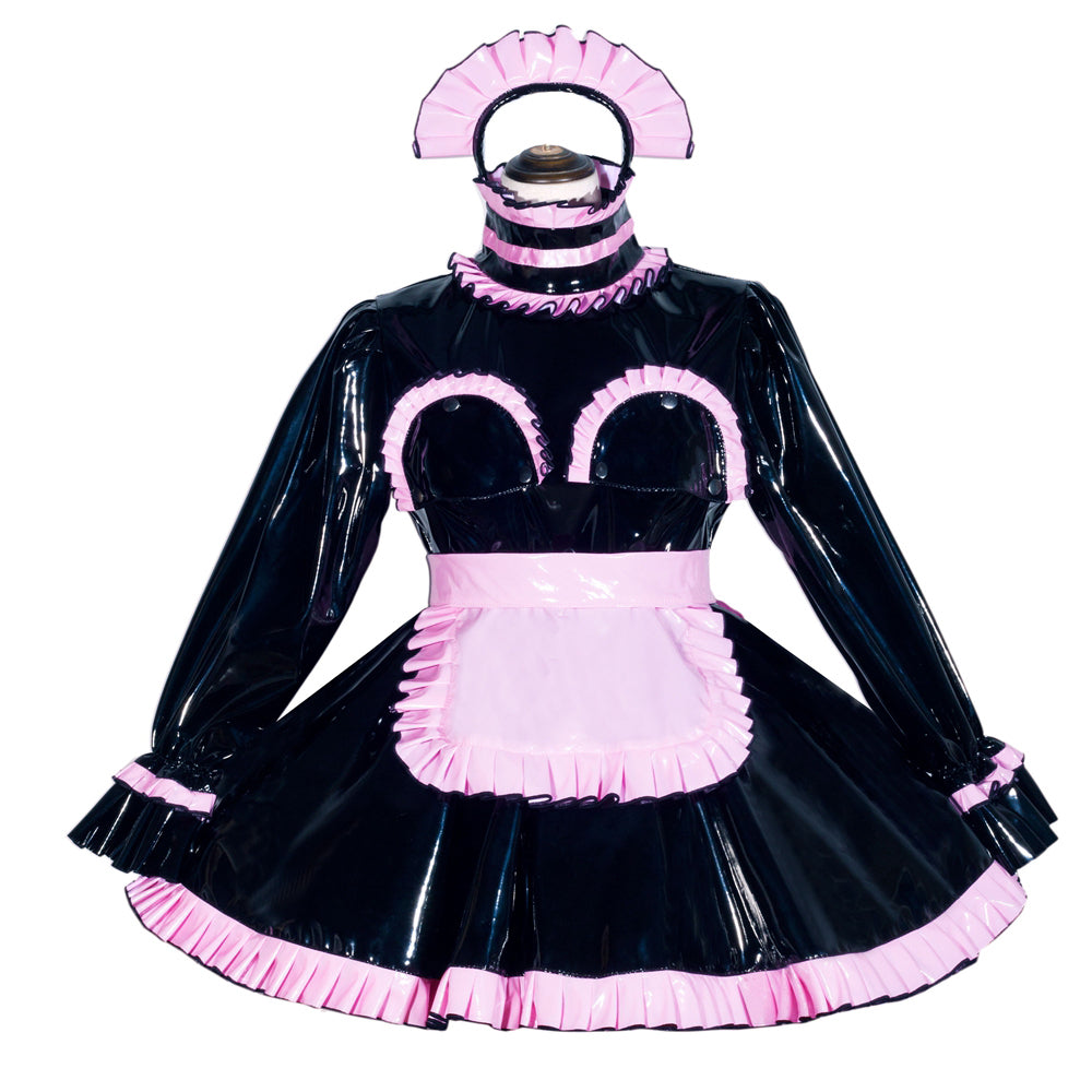 Black PVC sissy maid dress with pink ruffles, apron, and bonnet, featuring glossy finish and elegant detailing.