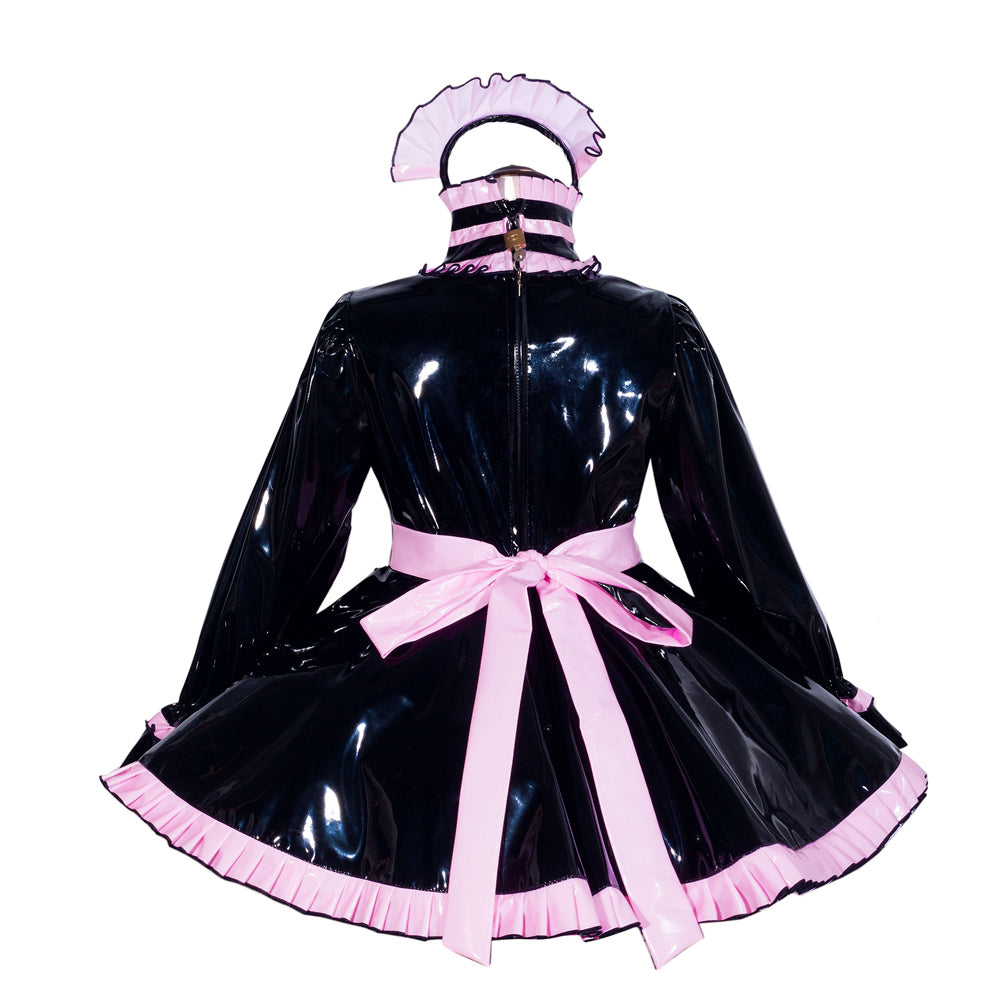 Black PVC sissy maid dress with pink trim, bow, and matching headpiece, back view