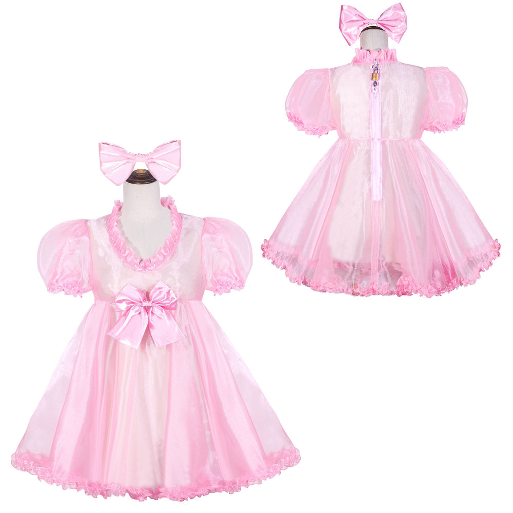 Pink sissy maid dress set with bow headband, puff sleeves, and ruffled hem for elegant costume fashion
