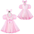 Pink sissy maid dress set with bow headband, puff sleeves, and ruffled hem for elegant costume fashion