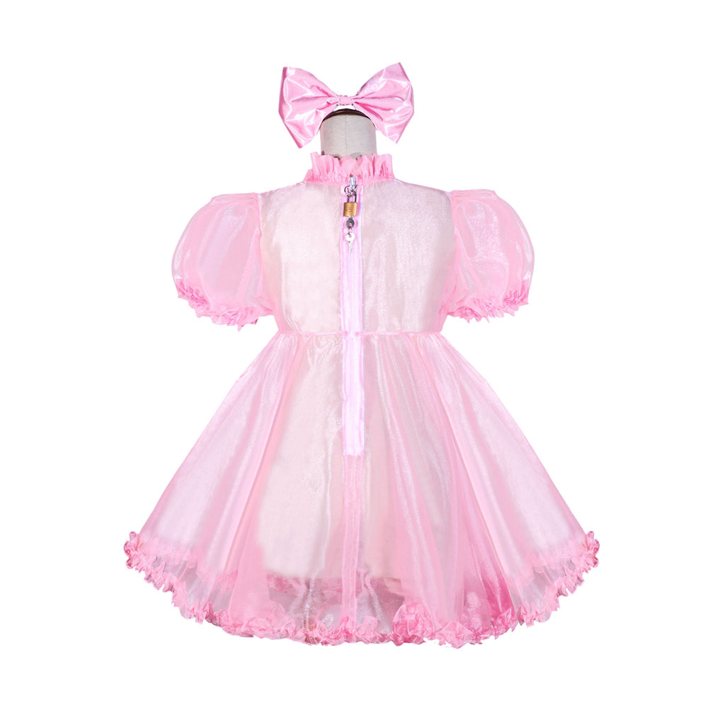 Pink sissy maid dress with bow headband, sheer puff sleeves, and back zipper detail
