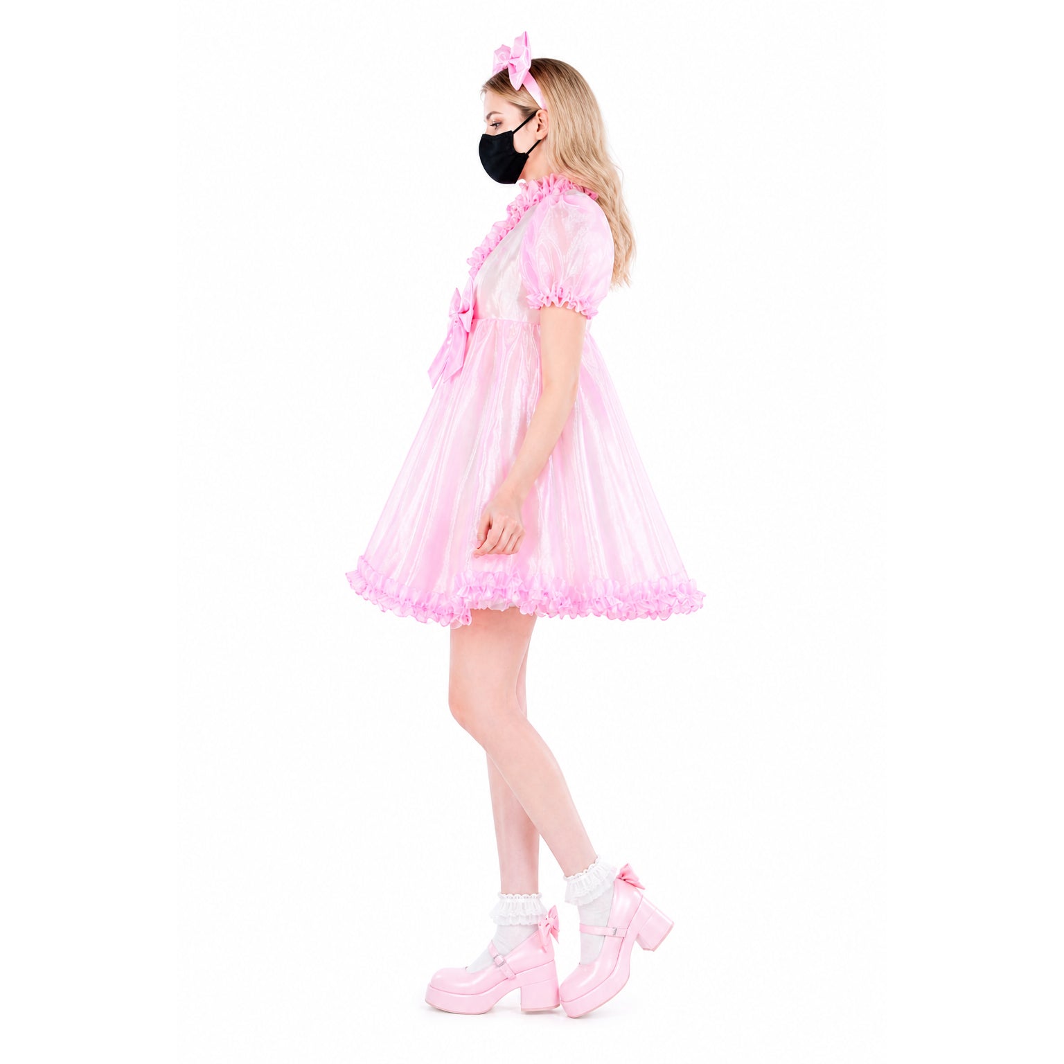 Pink sissy maid dress with ruffles, bow headband, and matching platform shoes