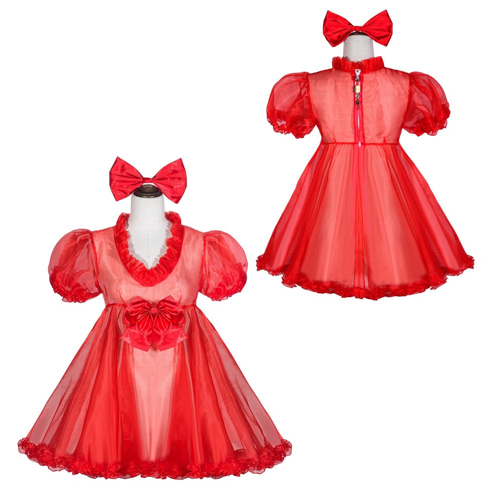 Red sissy maid dress with puff sleeves, bow, and sheer skirt, shown front and back on mannequin