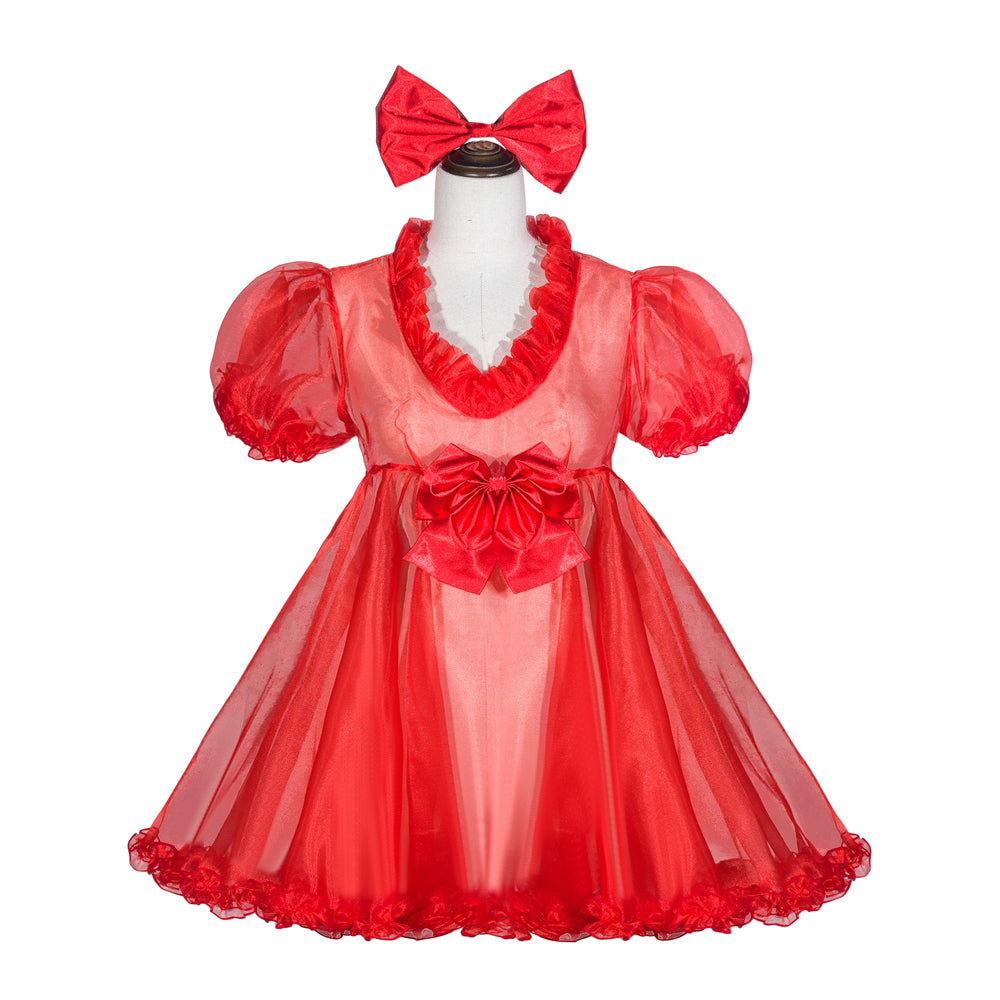 Red sissy maid dress with puffy sleeves, ruffles, and matching bow headband