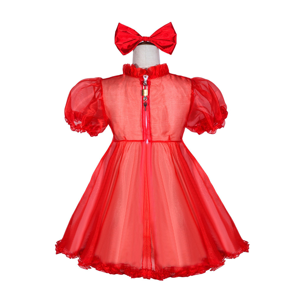 Red sissy maid dress with puff sleeves, lace trim, and back zipper, paired with matching bow headband