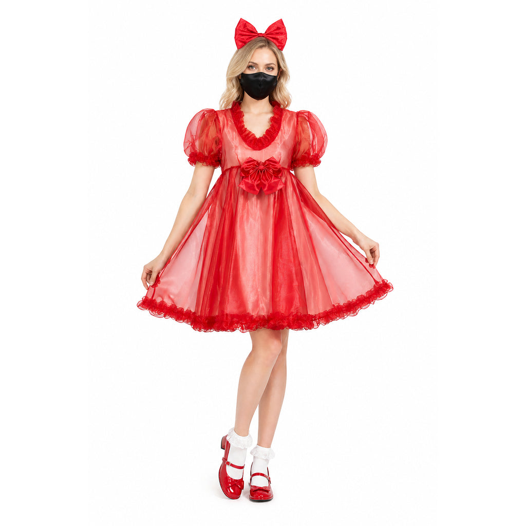 Red sissy maid dress with bow, sheer puff sleeves, ruffled hem, and matching headband for costume fashion