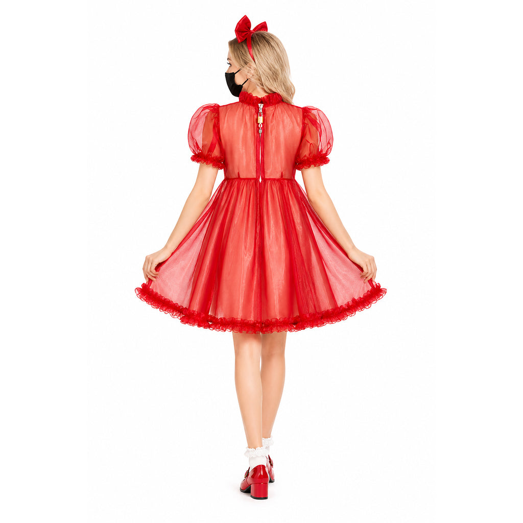 Red sissy maid dress with puffy sleeves, back zipper, and ruffled hem, paired with bow headband and red shoes