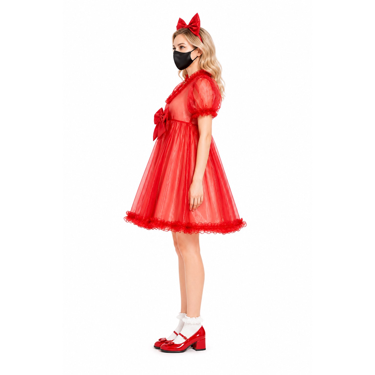 Red sissy maid dress with sheer overlay, bow details, and matching headband, styled with white socks and red heels.