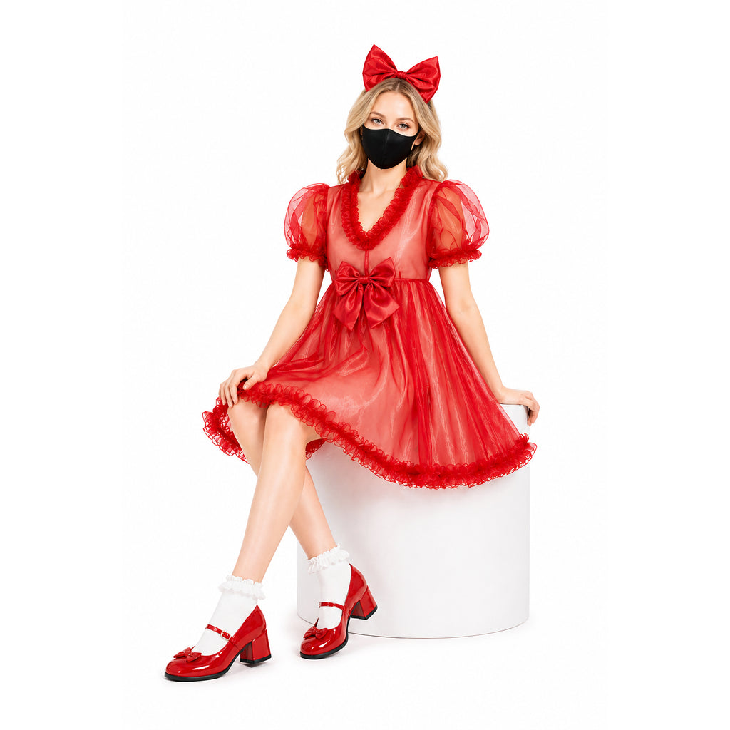 Red sissy maid dress with ruffles, bow, and matching headband, paired with white socks and red heels.