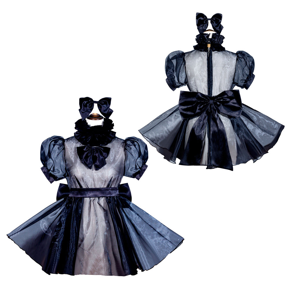 Elegant sissy maid dress with black bow, ruffled collar, and sheer puff sleeves for boutique fashion