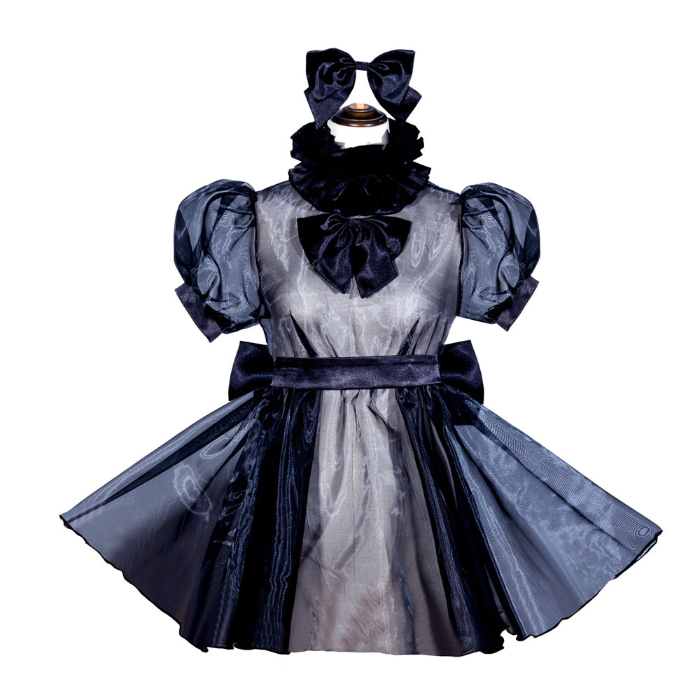 Elegant sissy maid dress with ruffled collar, puff sleeves, and velvet bow accents on mannequin