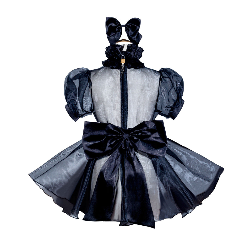Black sissy maid dress with velvet bow, sheer puff sleeves, and back zipper for elegant costume fashion
