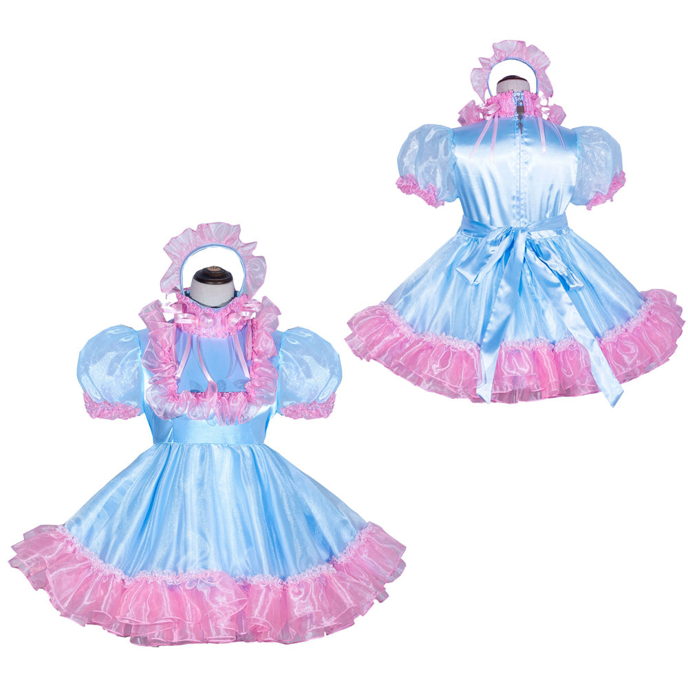 Blue and pink sissy maid dress with ruffles, puffed sleeves, and matching bonnet, shown front and back
