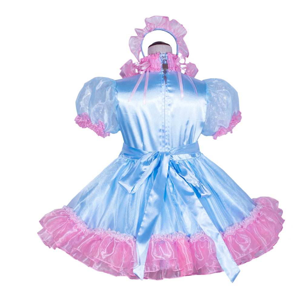 Blue satin sissy maid dress with pink ruffles, puff sleeves, and matching headpiece
