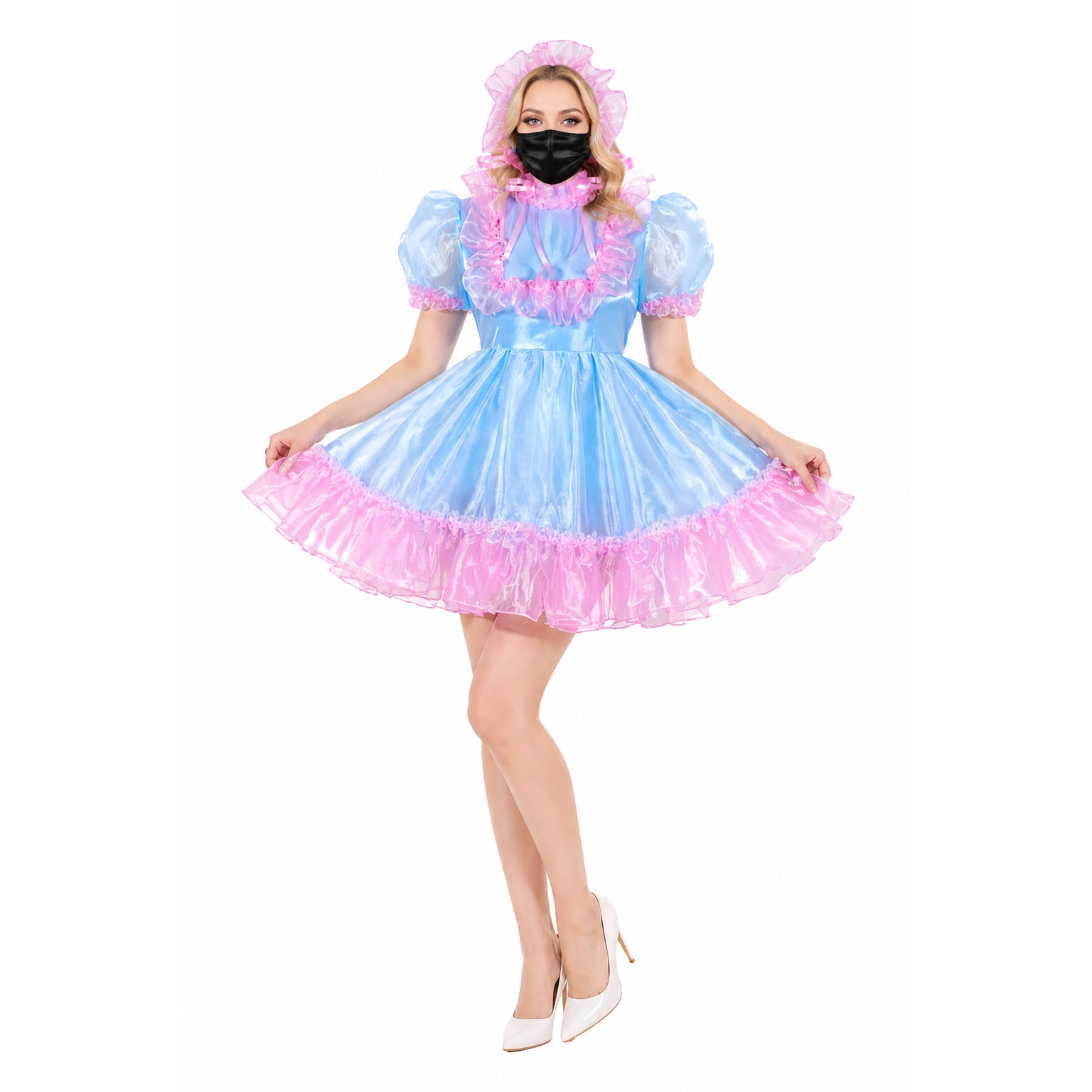 Blue and pink sissy maid dress with ruffles, matching bonnet, and white heels