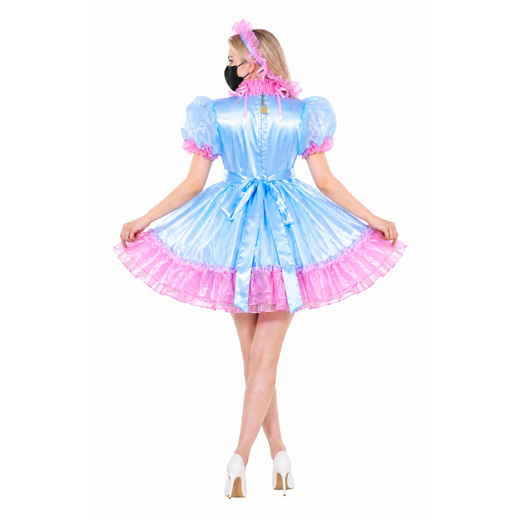 Blue and pink sissy maid dress with ruffles, bow, and lock detail, worn with white heels