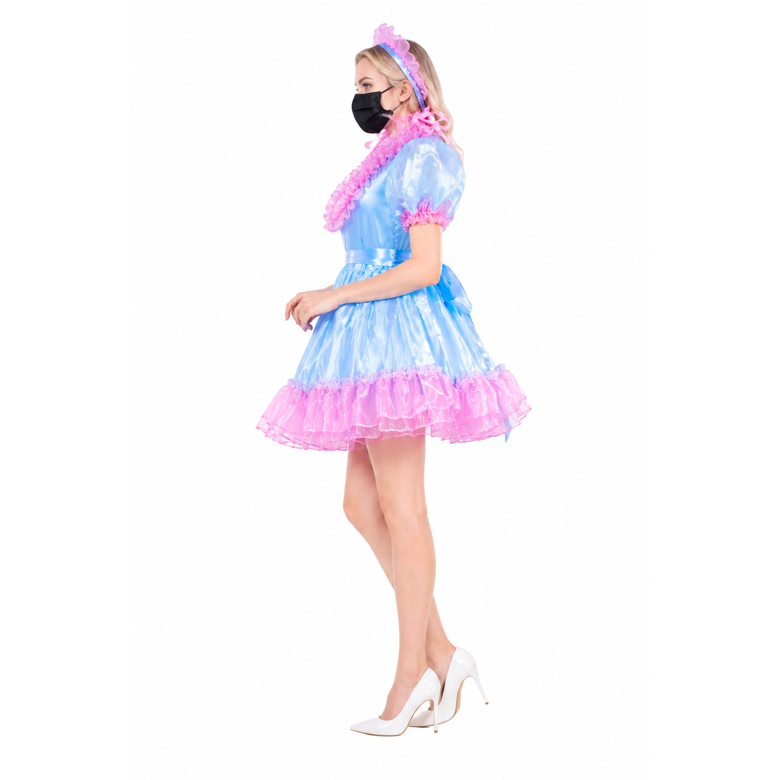 Blue and pink sissy maid dress with ruffles, satin finish, and matching headband, worn with white heels.