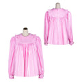 Pink sissy maid dress with ruffled collar and long sleeves, shown front and back