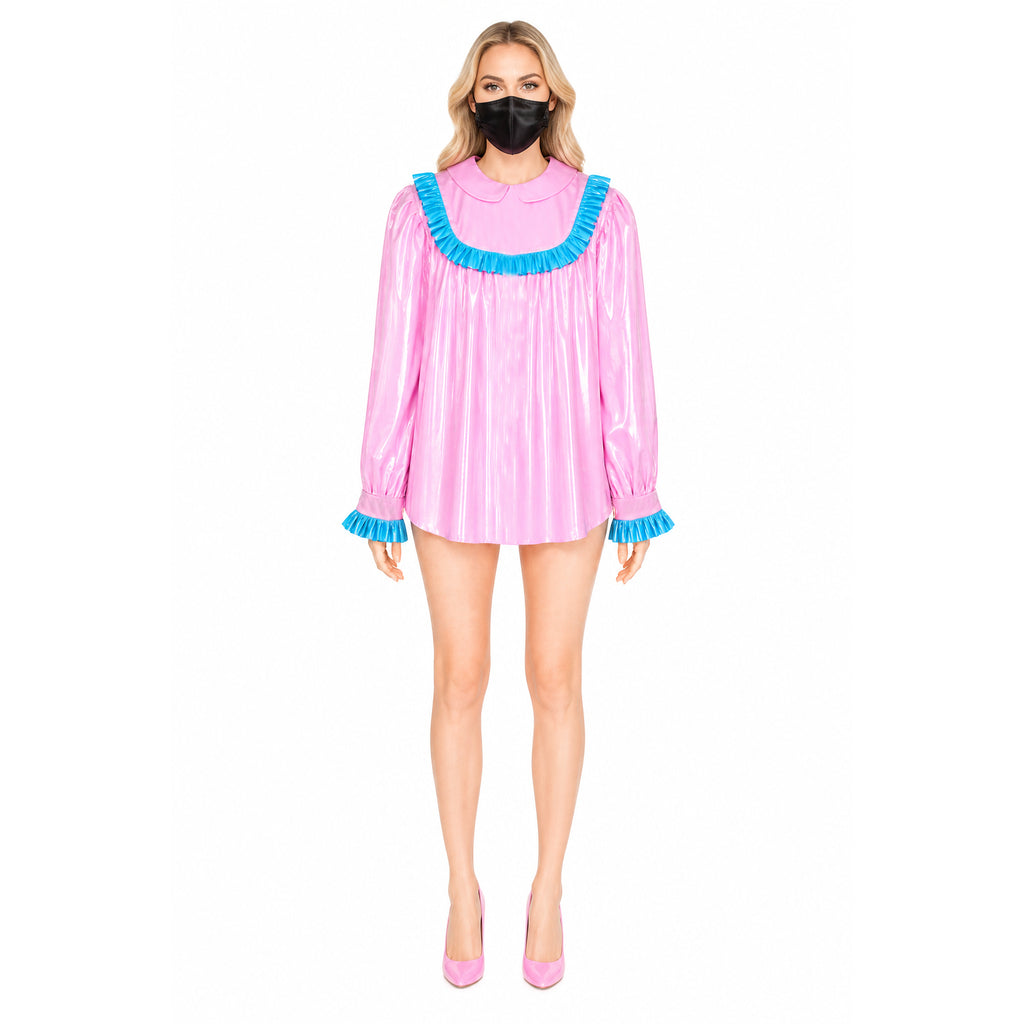 Pink PVC sissy maid dress with blue ruffles, long sleeves, and matching heels