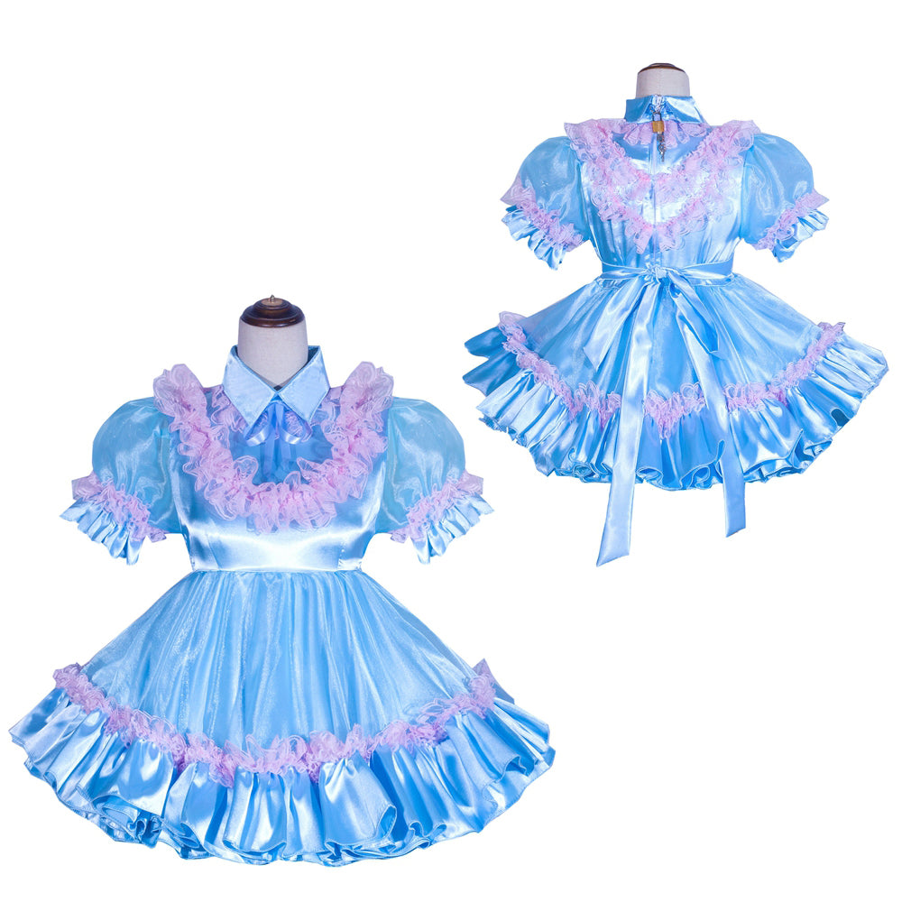 Blue satin sissy maid dress with pink lace trim and bow, displayed front and back on mannequin
