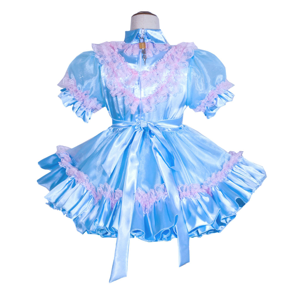 Blue sissy maid dress with pink lace trim, satin finish, and back lock detail