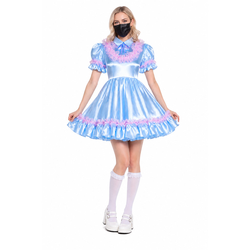 Light blue satin sissy maid dress with pink ruffles, white stockings, and platform shoes