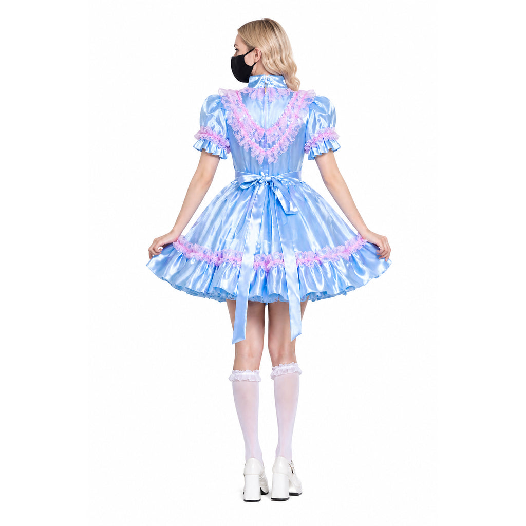 Blue satin sissy maid dress with pink lace trim, bow waist, and white stockings