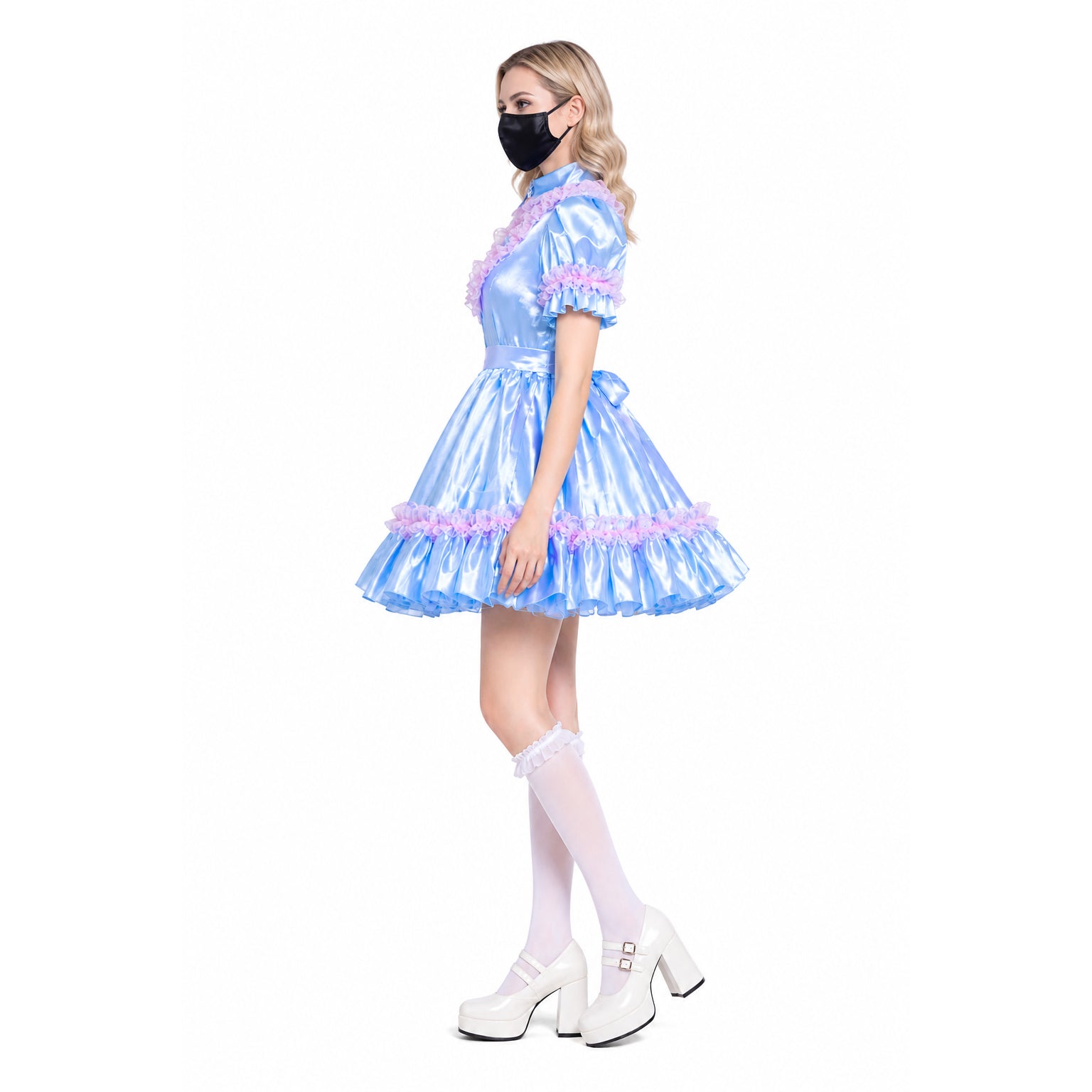 Blue satin sissy maid dress with pink ruffles, white stockings, and platform heels