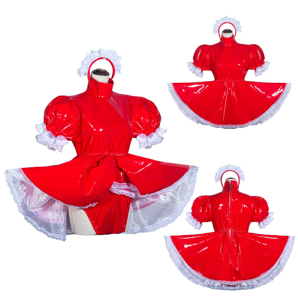 Red PVC sissy maid dress with white lace trim and puffed sleeves, shown front and back views