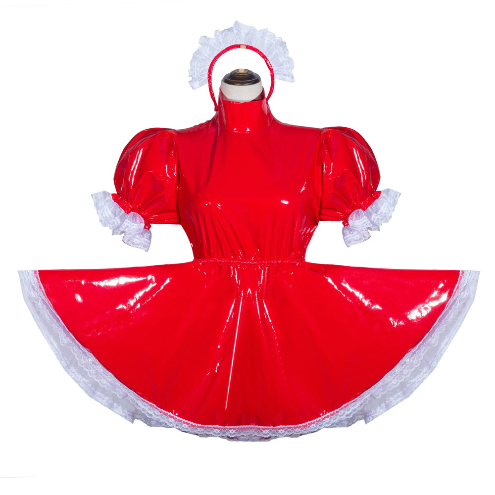 Red PVC sissy maid dress with white lace trim and matching headband, featuring puffed sleeves and a flared skirt.