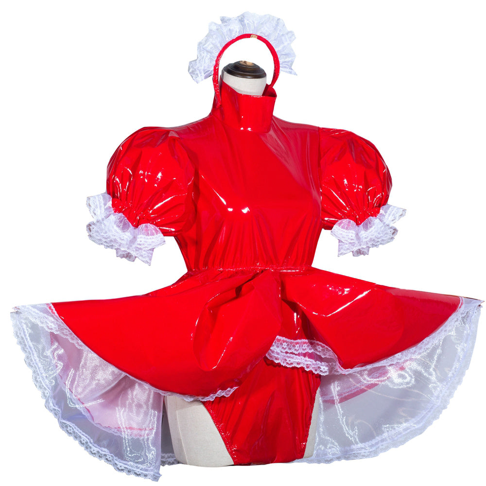 Red PVC sissy maid dress with white lace trim and matching headpiece on mannequin
