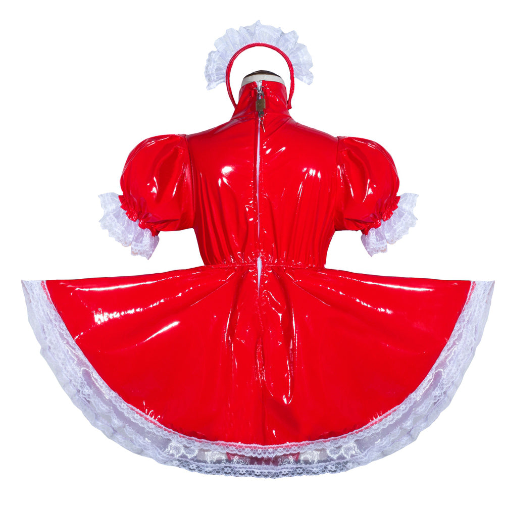 Red PVC sissy maid dress with white lace trim and puff sleeves, back view