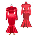 Red satin sissy maid dress with puff sleeves, high collar, and lockable back zipper