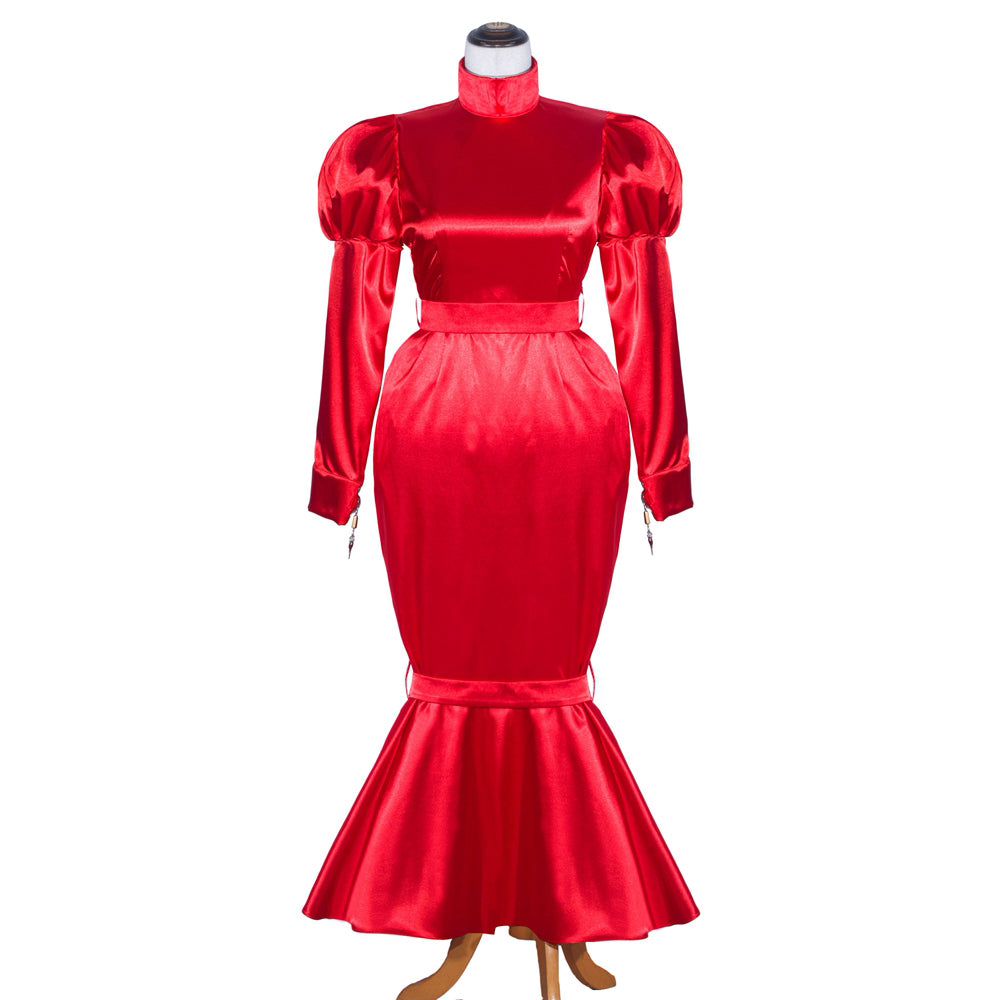 Red satin sissy maid dress with puffed sleeves and mermaid hem on mannequin