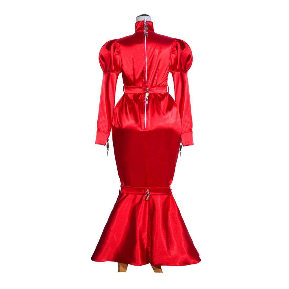 Red sissy maid dress with lockable zippers, puffed sleeves, and flared skirt on mannequin