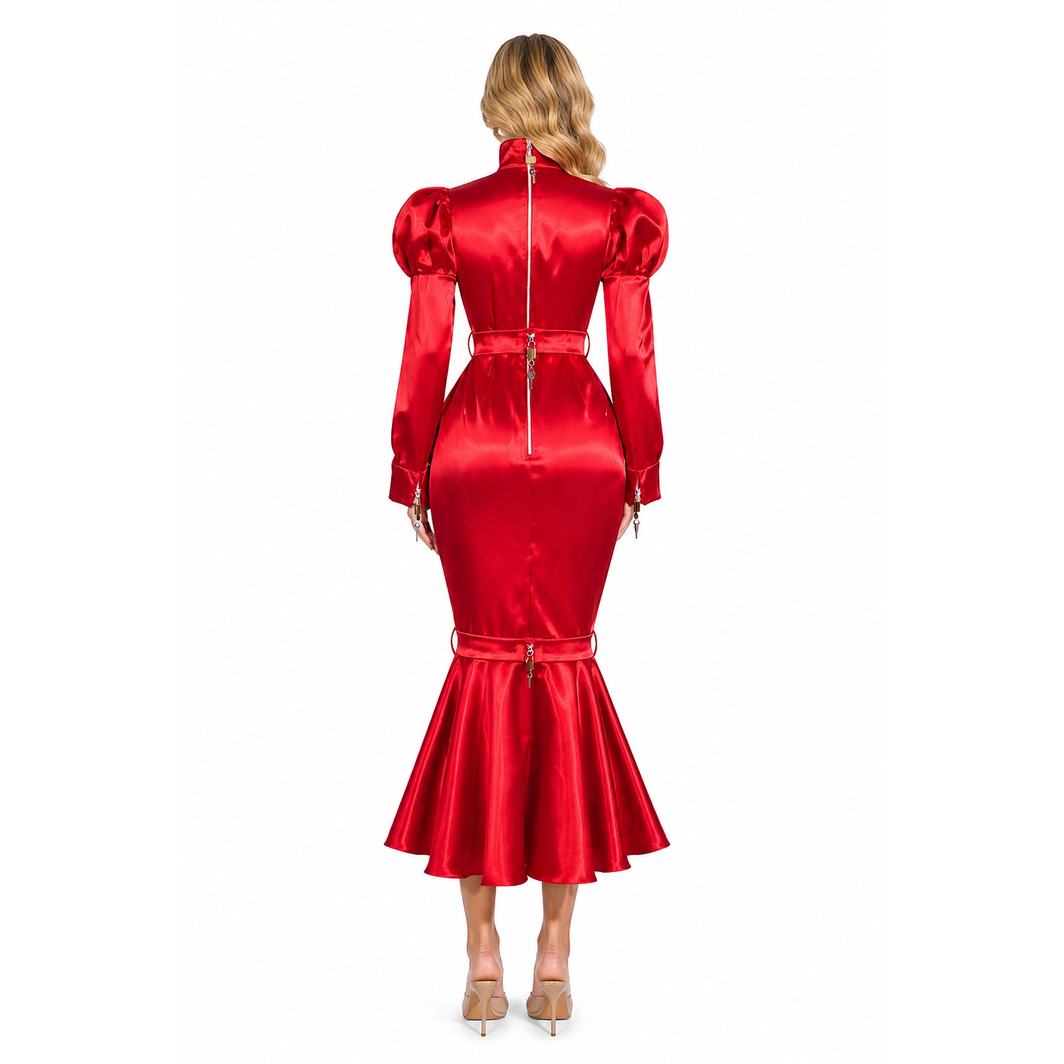 Red satin sissy maid dress with puff sleeves, back zipper, and lockable waist detail