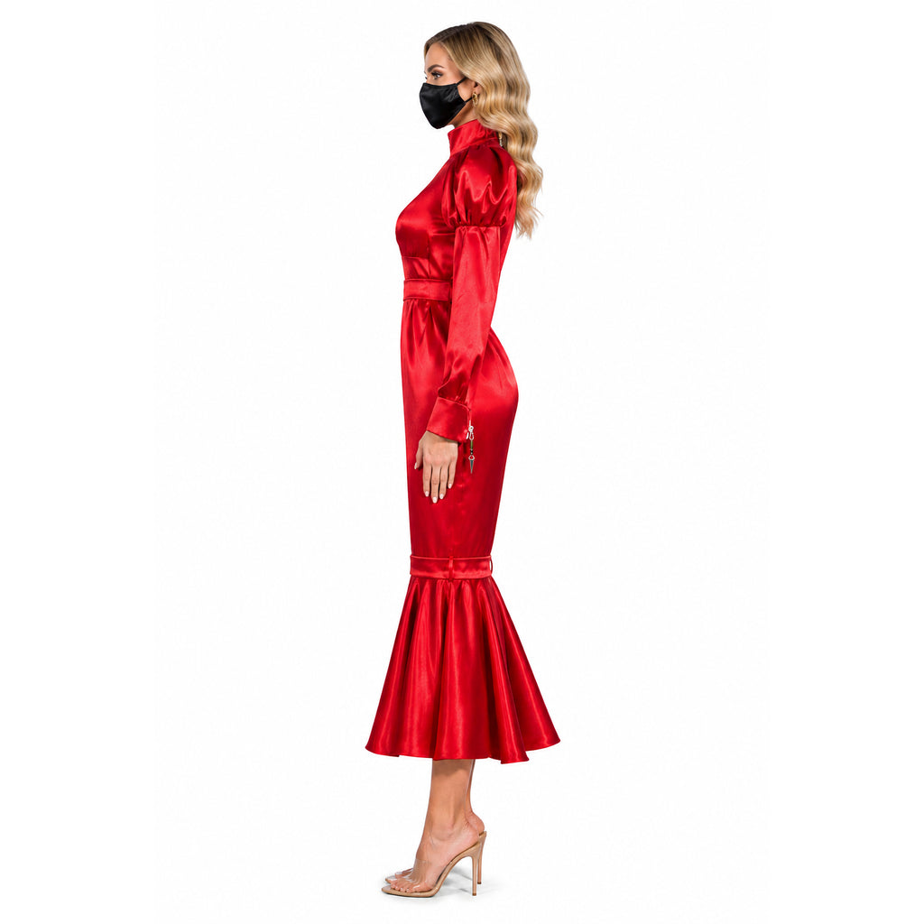 Red satin sissy maid dress with flared skirt, long sleeves, and lock detail, styled with heels