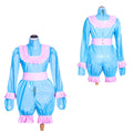 Blue and pink sissy maid dress with ruffles, PVC material, front and back views on mannequin