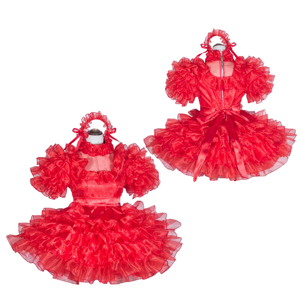 Red sissy maid dress with ruffles, puff sleeves, and bow detail on mannequin