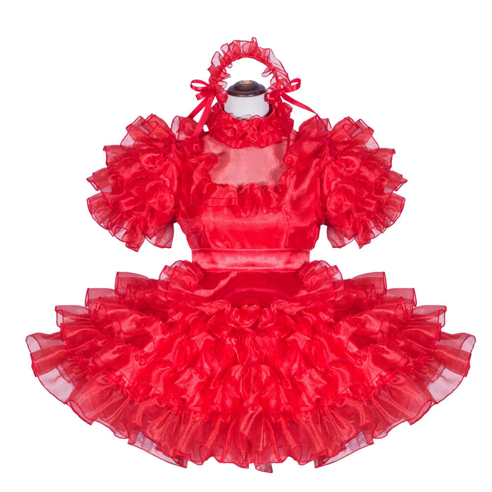 Red sissy maid dress with ruffled sleeves and skirt, featuring a satin bodice and organza layers for a boutique costume look
